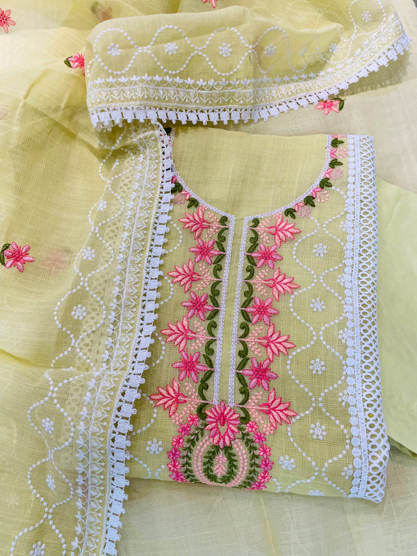 Designer Embroidered Suit Length 3 Piece Pista Green Kota with Parsi Work