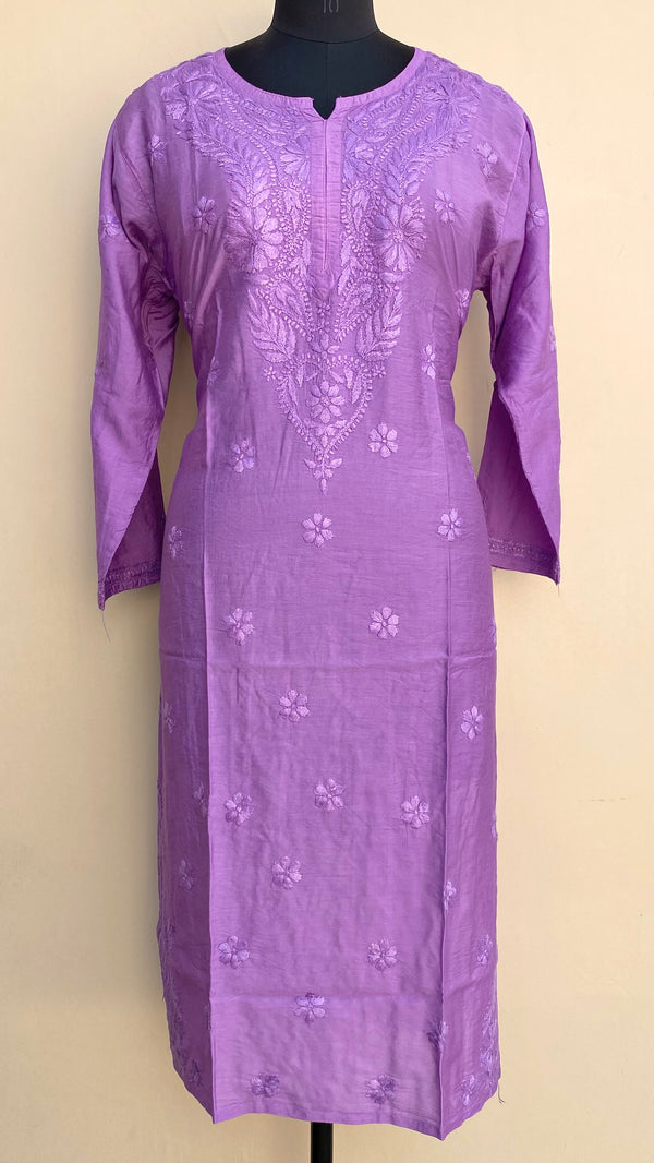 Lucknowi Chikankari Kurti Purple Mal Chanderi With Self Work