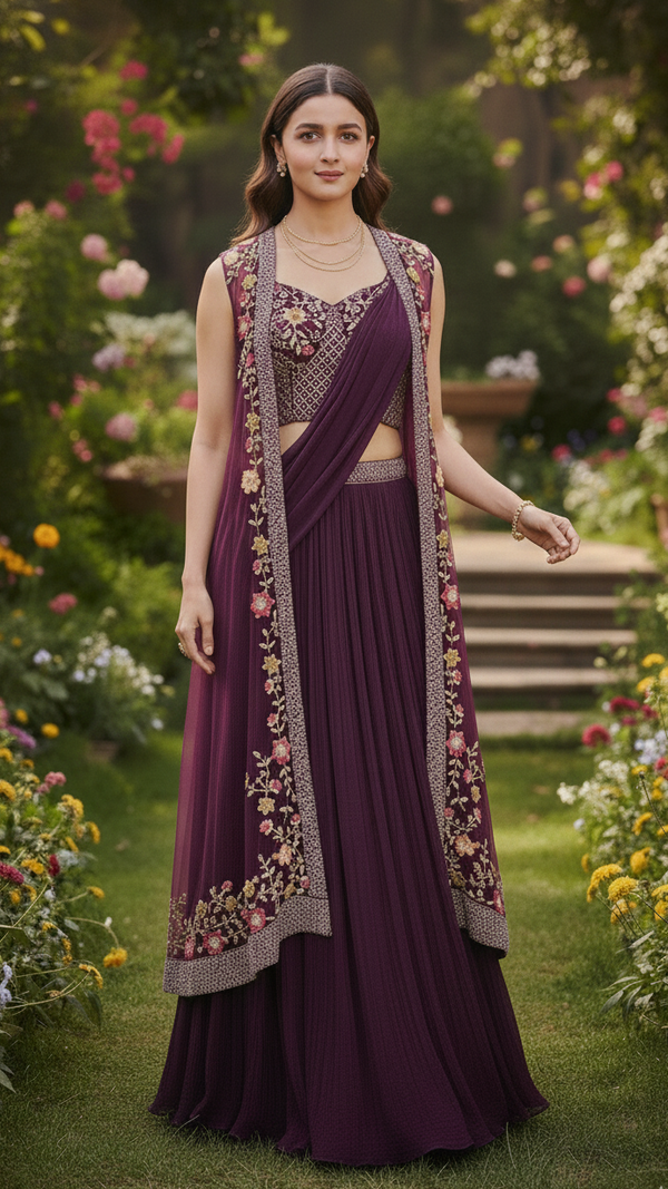 Wine Indo-Western Crop Top Lehenga Saree with Shrug