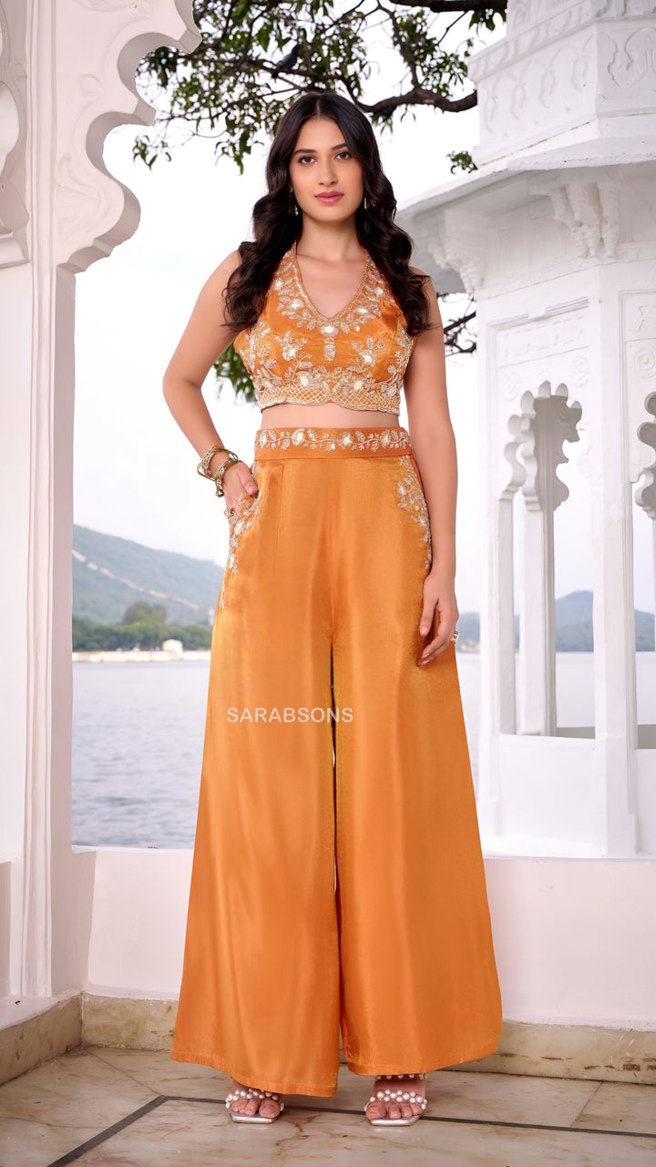 Golden Rust Orange Indo-Western Halter Neck Crop Top Palazzo Set

