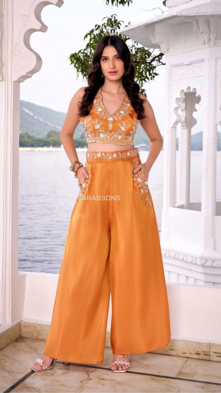 Golden Rust Orange Indo-Western Halter Neck Crop Top Palazzo Set
