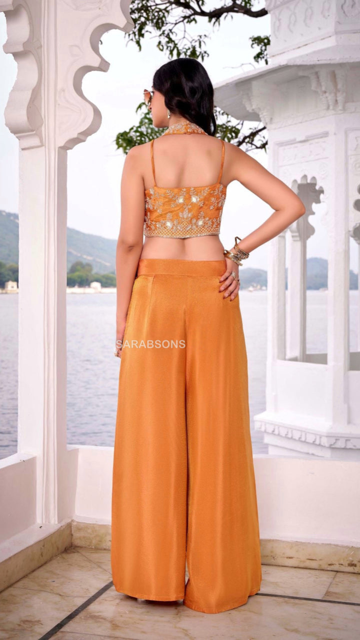Golden Rust Orange Indo-Western Halter Neck Crop Top Palazzo Set
