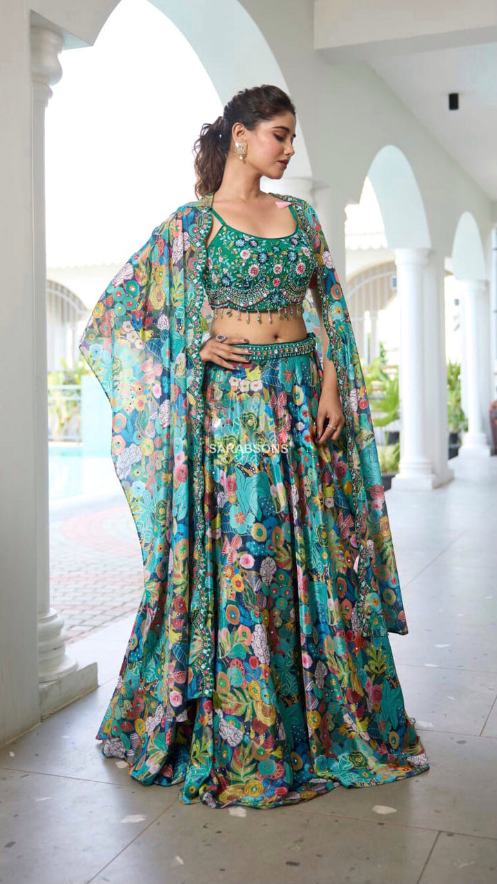 Green Tropical Printed Indo-Western Crop Top Lehenga Cape Set