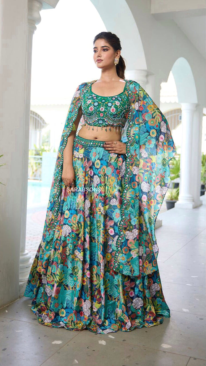 Green Tropical Printed Indo-Western Crop Top Lehenga Cape Set