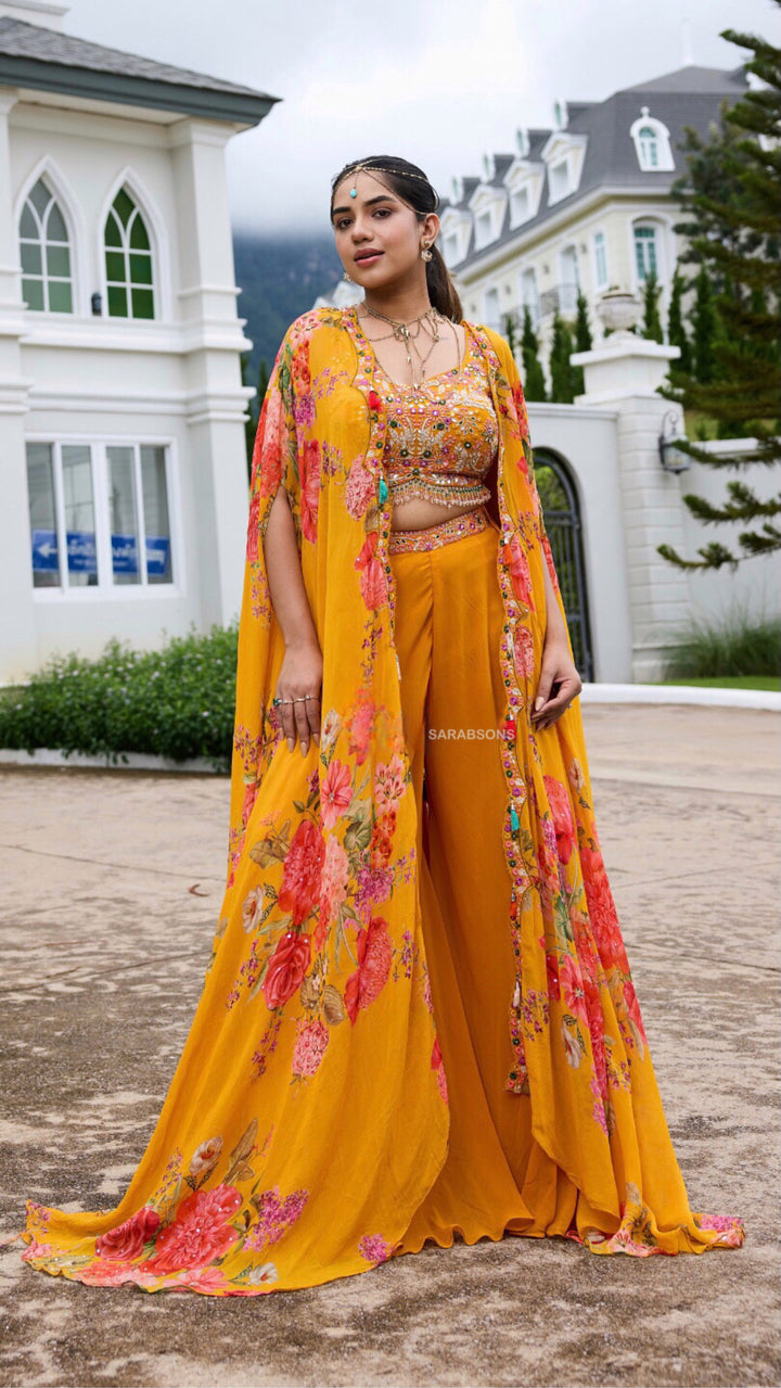 Haldi Yellow Indowestern Crop Top Palazzo with Cape Set