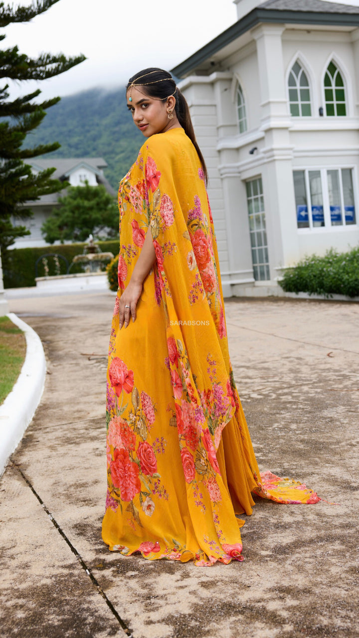 Haldi Yellow Indowestern Crop Top Palazzo with Cape Set