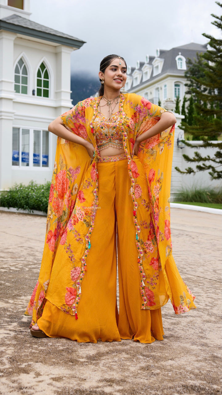 Haldi Yellow Indowestern Crop Top Palazzo with Cape Set