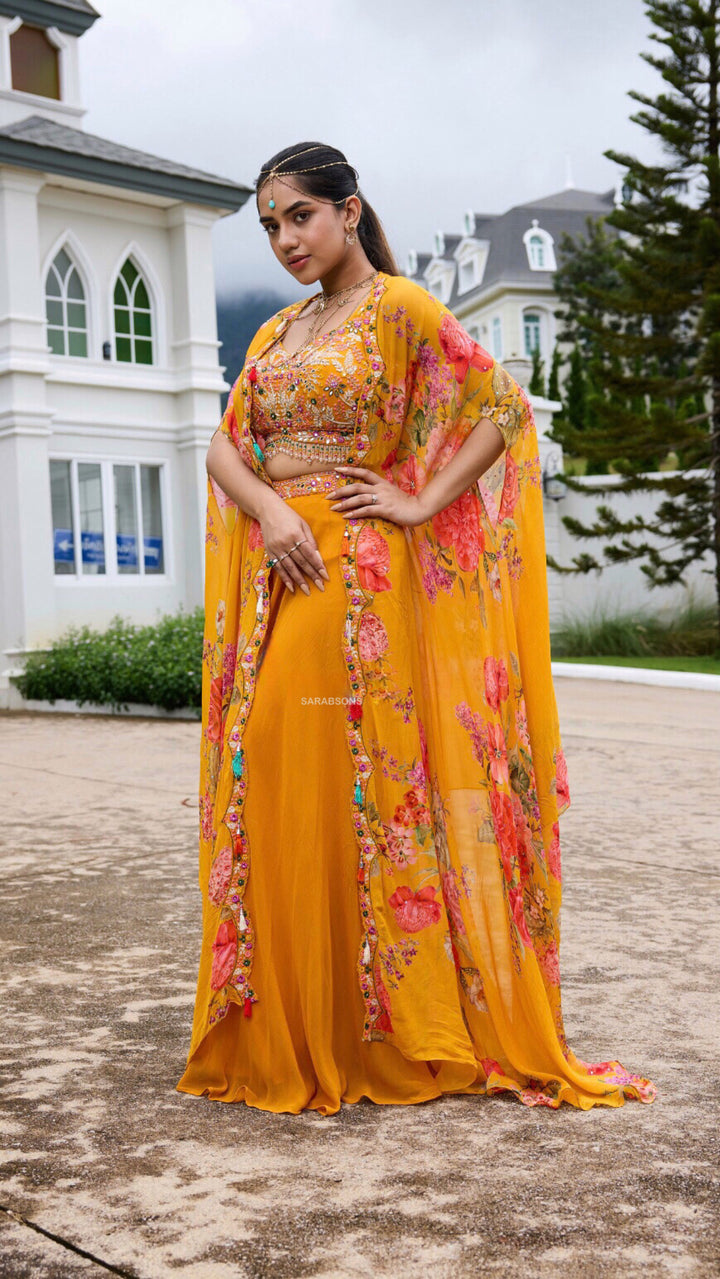 Haldi Yellow Indowestern Crop Top Palazzo with Cape Set