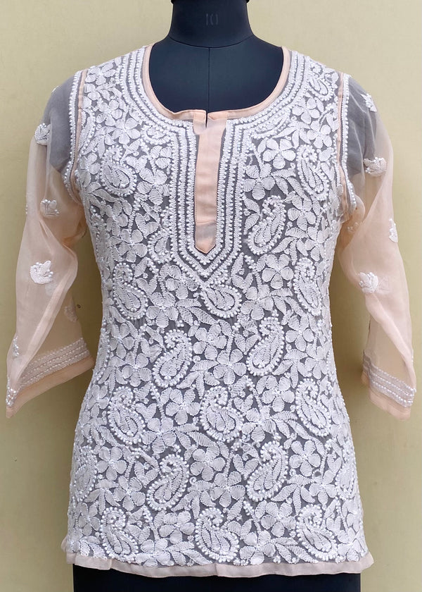 Lucknowi Chikankari Short Kurti Peach Georgette