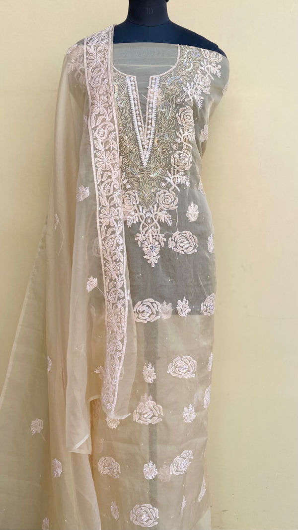 Lucknowi Chikankari Suit Length 2 Piece Beige Organza With Pearl & Sequence Work