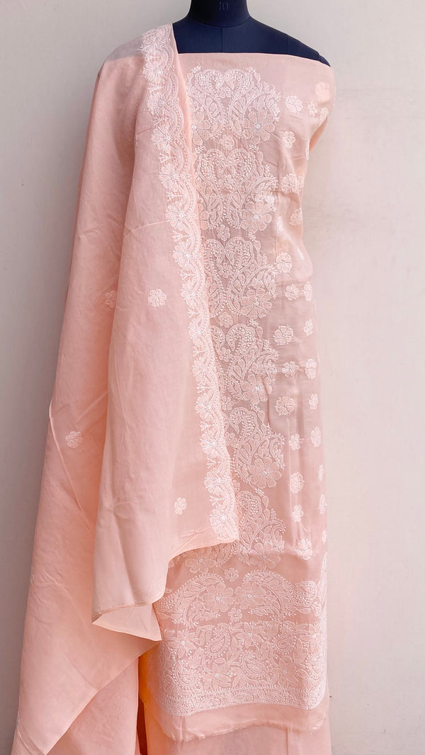Lucknowi Chikankari Suit Length 3 Piece Peach Cotton With Embroidered Cotton Dupatta