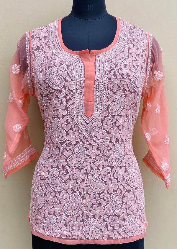 Lucknowi Chikankari Short Kurti Orange Georgette