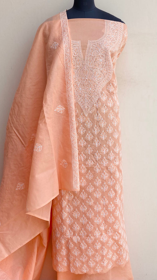 Lucknowi Chikankari Suit Length 3 Piece Peach Cotton With Embroidered Cotton Dupatta