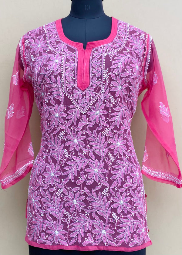 Lucknowi Chikankari Short Kurti Pink Georgette