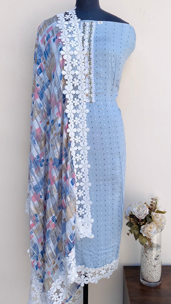 Designer Embroidered Suit Length 3 Piece Powder Blue Mal Chanderi