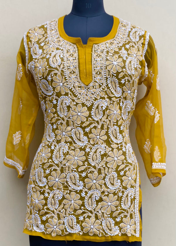 Lucknowi Chikankari Short Kurti Mustard Georgette