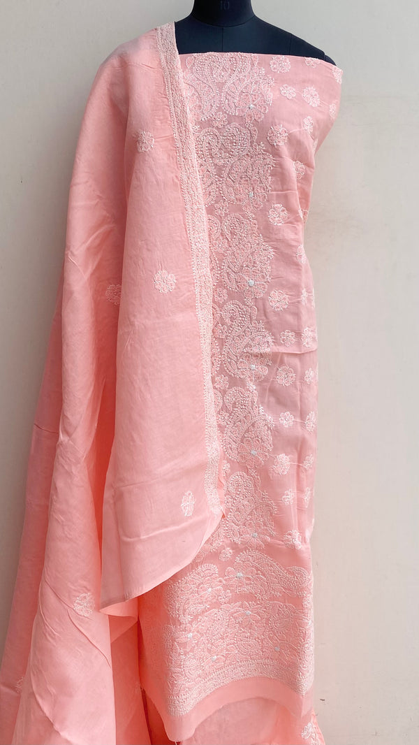 Lucknowi Chikankari Suit Length 3 Piece Peach Cotton With Embroidered Cotton Dupatta