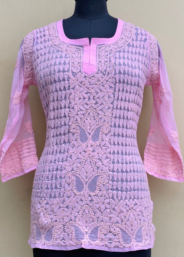 Lucknowi Chikankari Short Kurti Pink Georgette With Jaali Work