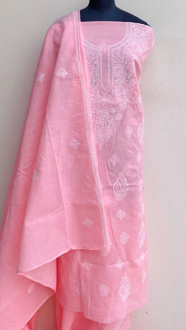 Lucknowi Chikankari Suit Length 3 Piece Pink Cotton With Embroidered Cotton Dupatta