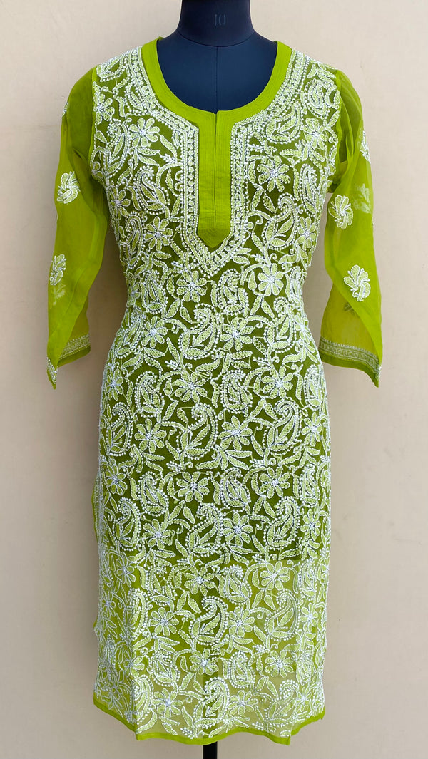 Lucknowi Chikankari Kurti Parrot Green Georgette