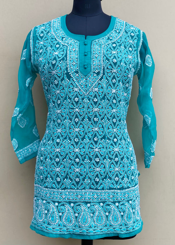 Lucknowi Chikankari Short Kurti Green Georgette