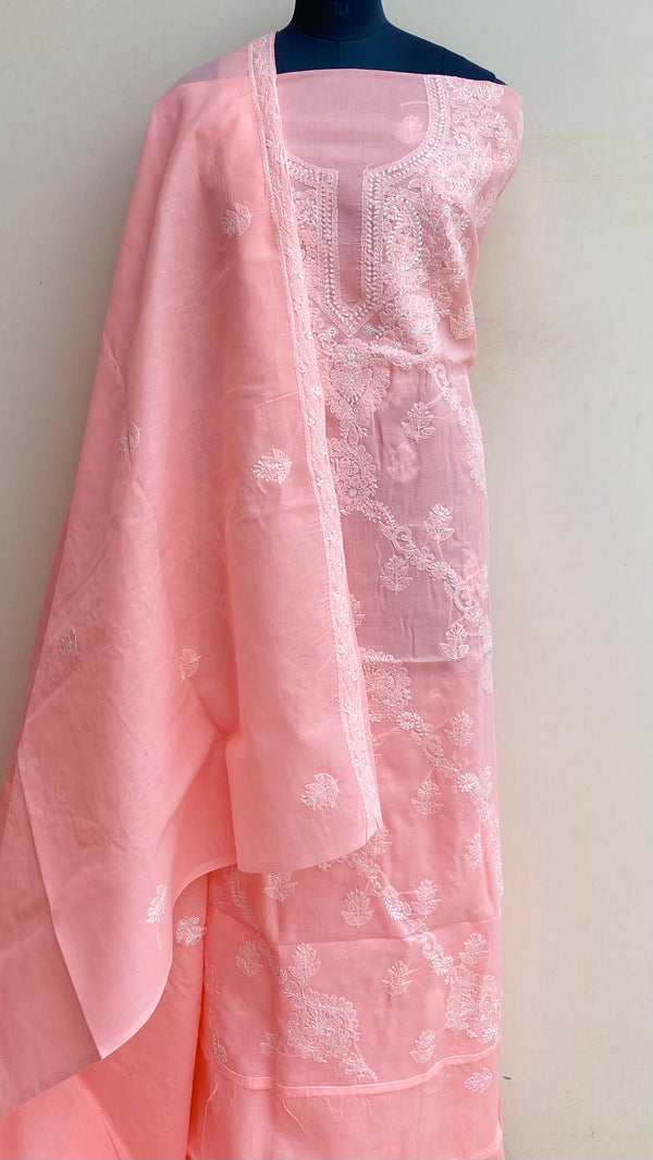 Lucknowi Chikankari Suit Length 3 Piece Peach Cotton With Embroidered Cotton Dupatta