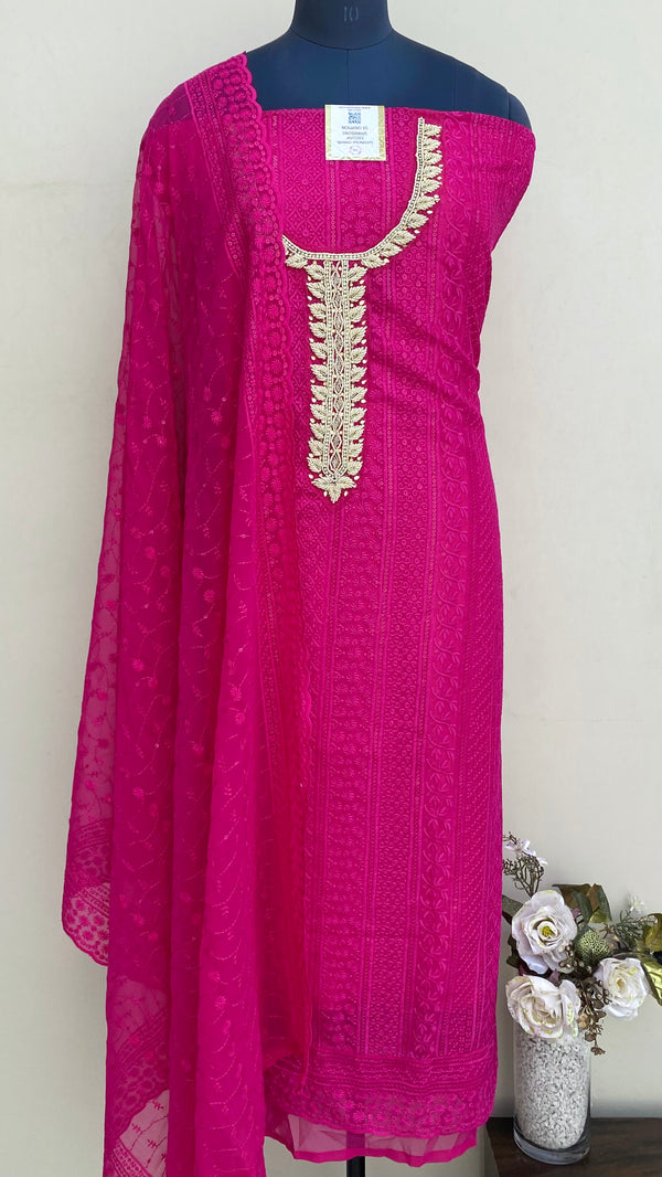 Chikankari Suit Length 3 Piece Magenta Pink Georgette With Pearl, Cutdana & Stone Work