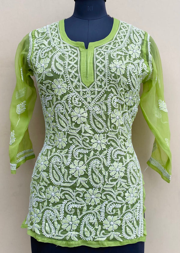 Lucknowi Chikankari Short Kurti Parrot Green Georgette