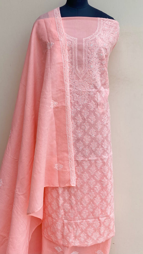 Lucknowi Chikankari Suit Length 3 Piece Peach Cotton With Embroidered Cotton Dupatta