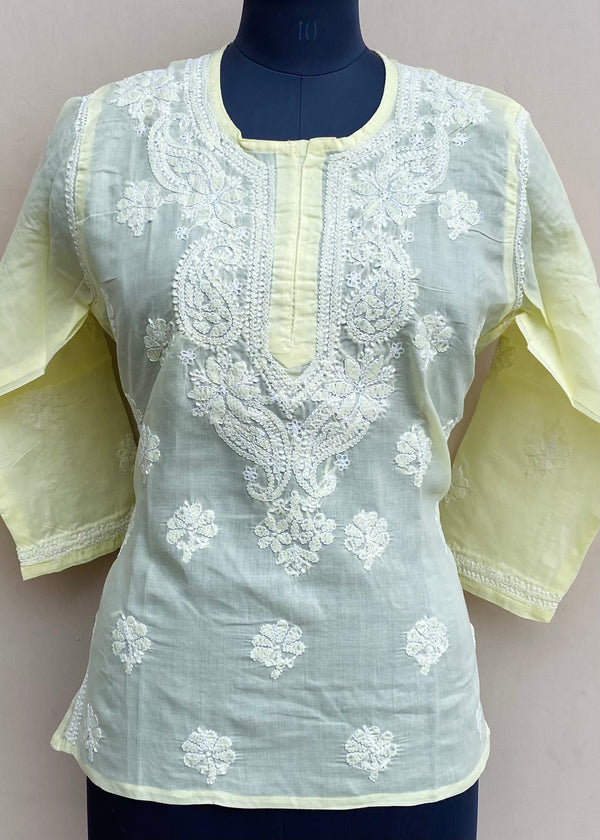 Lucknowi Chikankari Short Kurti Lemon Yellow Cotton