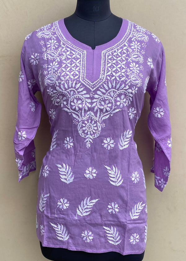 Lucknowi Chikankari Short Kurti Purple Modal Cotton