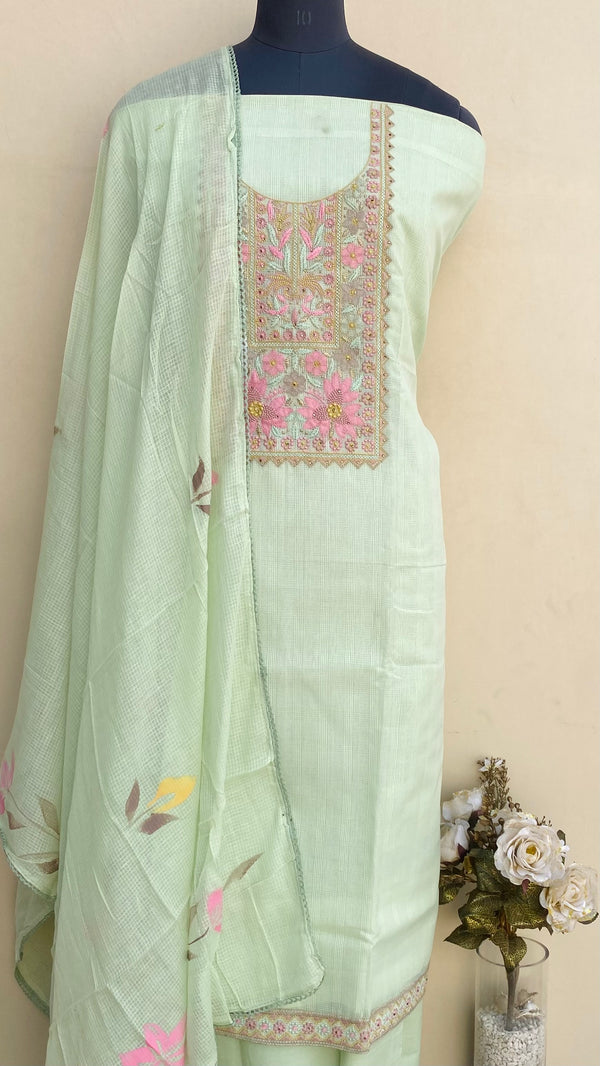 Designer Embroidered Suit Length 3 Piece Pista Green Kota