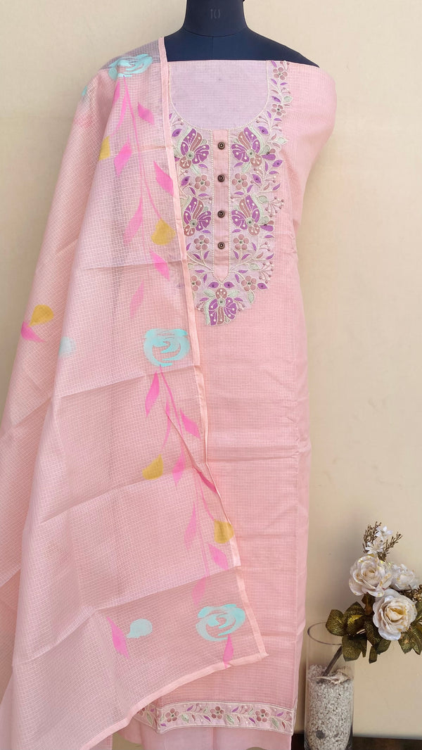 Designer Embroidered Suit Length 3 Piece Pink Kota