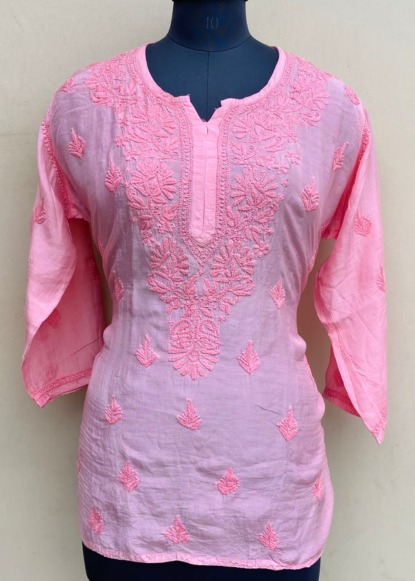 Lucknowi Chikankari Short Kurti Pink Muslin Cotton With Self 3D Work