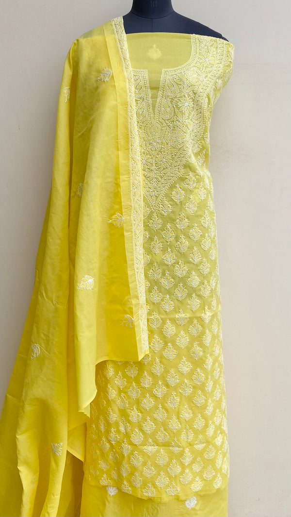 Lucknowi Chikankari Suit Length 3 Piece Yellow Cotton With Embroidered Cotton Dupatta