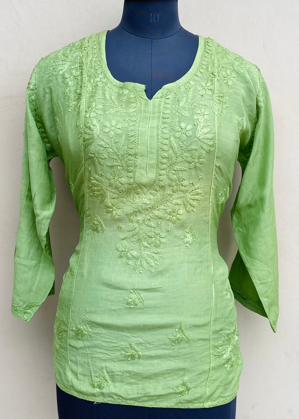 Lucknowi Chikankari Short Kurti Green Muslin Cotton With Self 3D Work