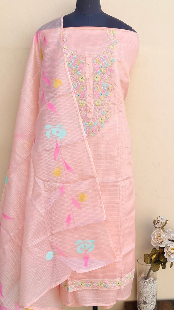 Designer Embroidered Suit Length 3 Piece Peach Kota