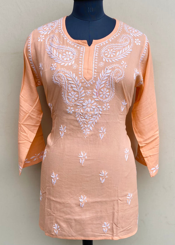 Lucknowi Chikankari Short Kurti Peach Modal Cotton