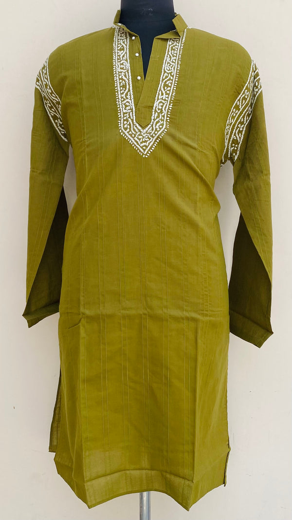 Lucknowi Chikankari Men’s Kurta Mehndi Green Cotton