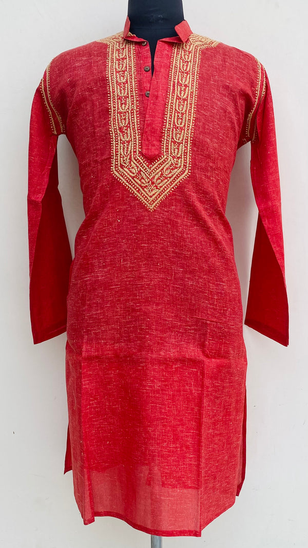 Lucknowi Chikankari Men’s Kurta Red Cotton