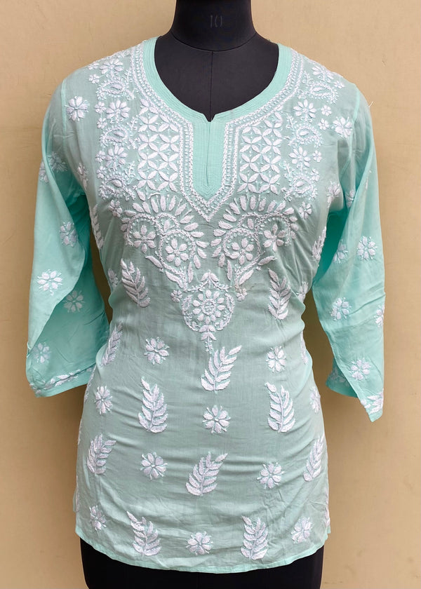 Lucknowi Chikankari Short Kurti Sea Green Modal Cotton