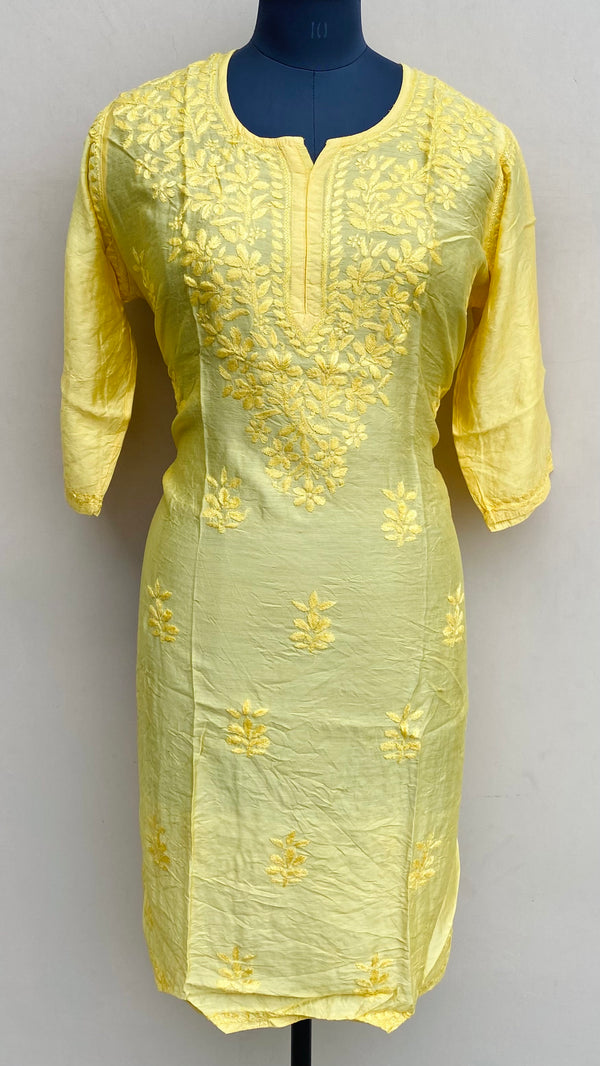 Lucknowi Chikankari Kurti Yellow Mal Chanderi With Self 3D Work