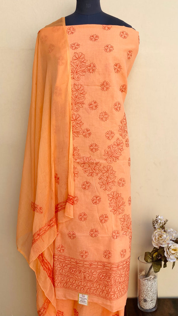 Lucknowi Chikankari Suit Length 3 Piece Peach Cotton