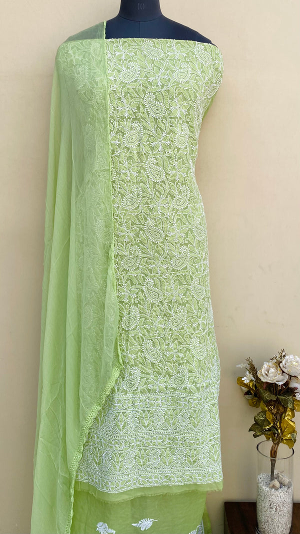 Lucknowi Chikankari Suit Length 3 Piece Parrot Green Cotton