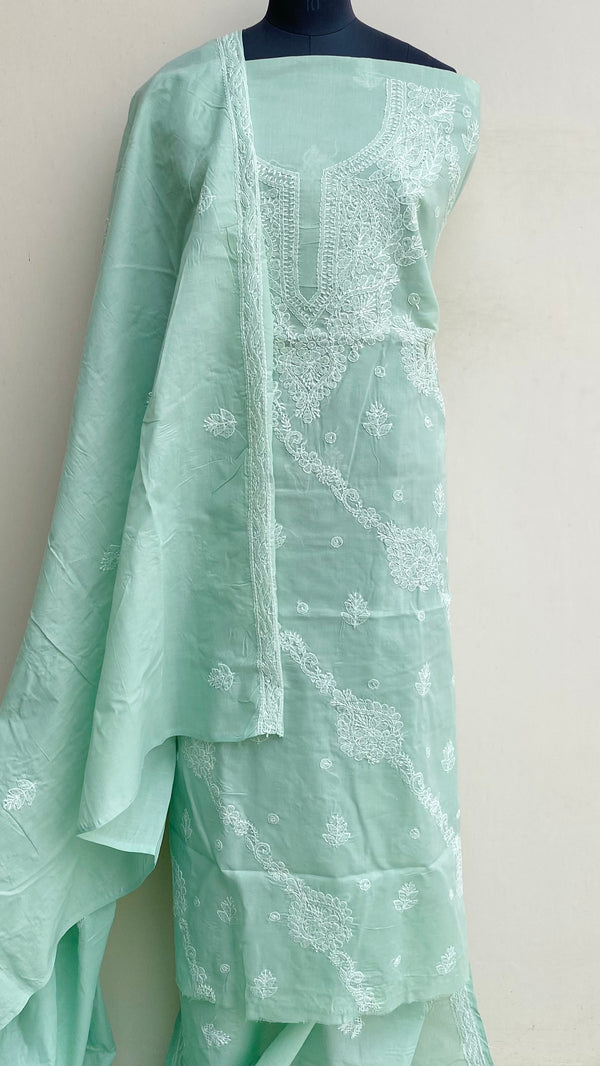 Lucknowi Chikankari Suit Length 3 Piece Teal Green Cotton With Embroidered Cotton Dupatta