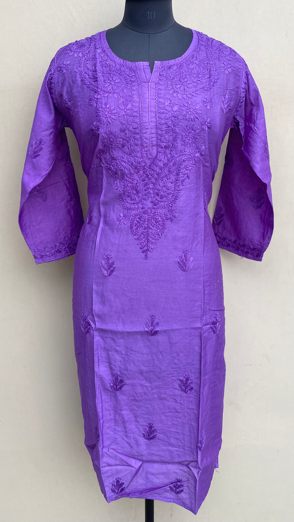 Lucknowi Chikankari Kurti Purple Mal Chanderi With Self 3D Work