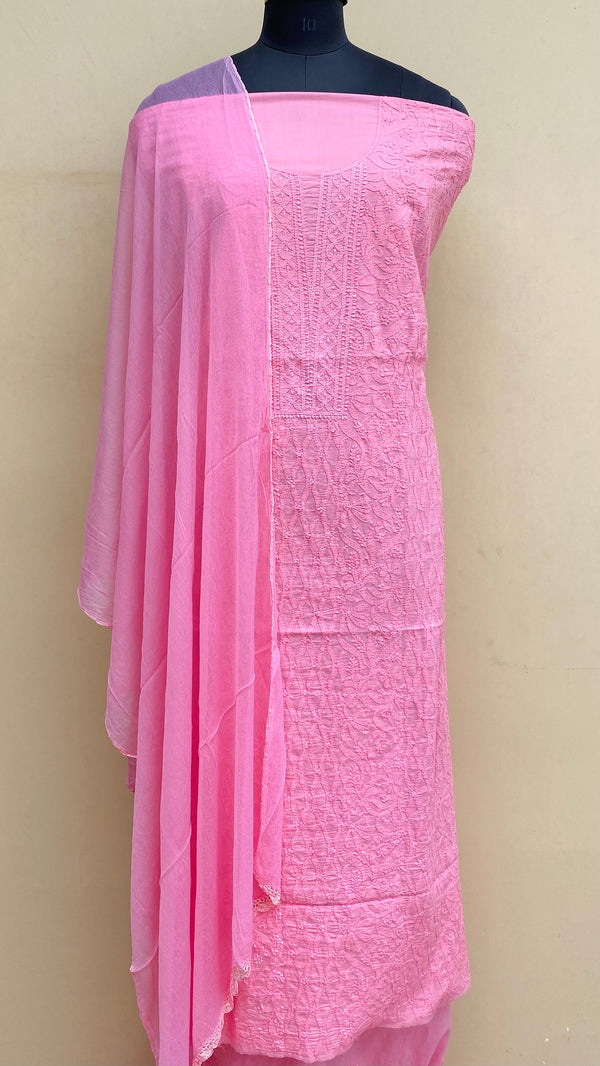 Lucknowi Chikankari Suit Length 3 Piece Pink Mulmul Cotton