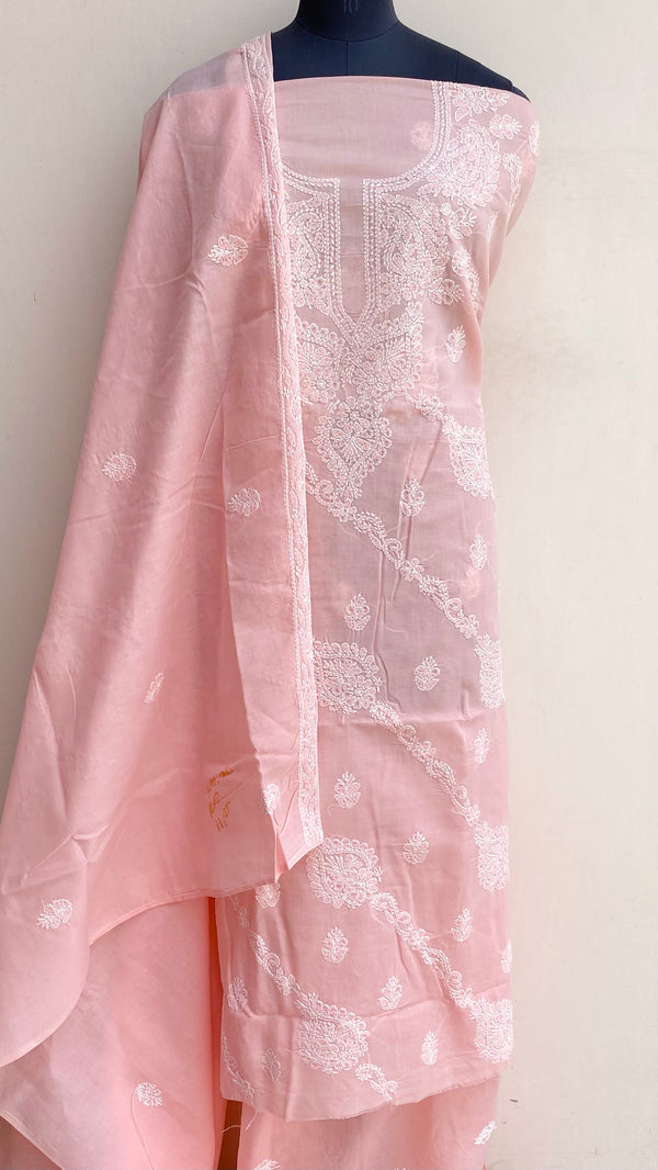 Lucknowi Chikankari Suit Length 3 Piece Pink Cotton With Embroidered Cotton Dupatta