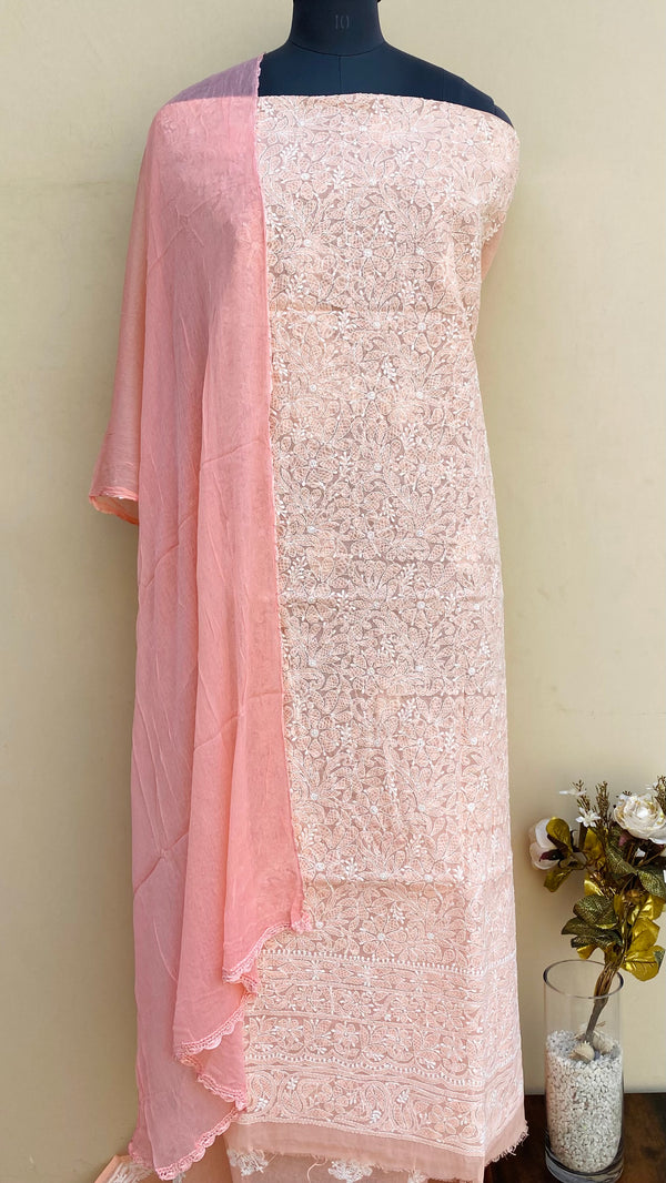 Lucknowi Chikankari Suit Length 3 Piece Peach Cotton