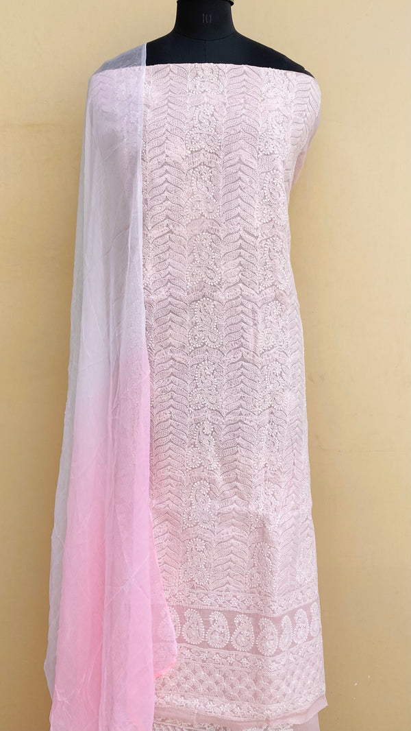 Lucknowi Chikankari Suit Length 3 Piece Pink Cotton